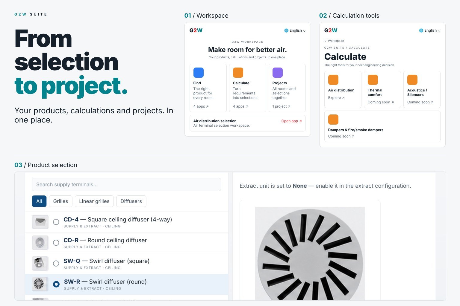 G2W Engineering Suite: workspace, calculation tools and air terminal selection screens