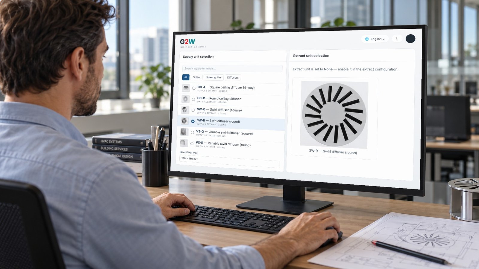 An engineer selecting a swirl diffuser in the G2W Engineering Suite